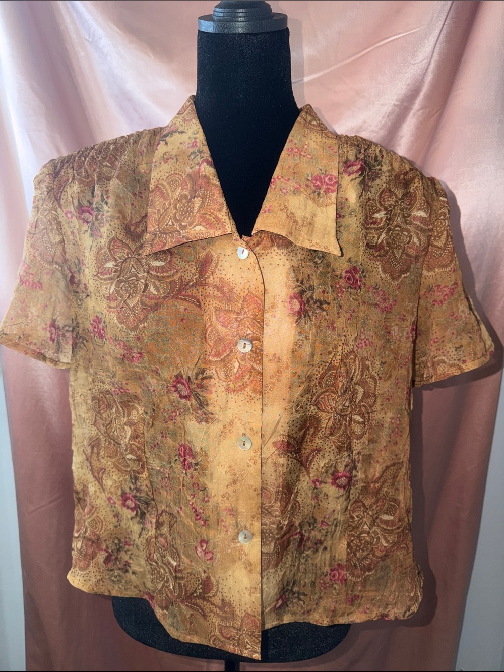 Vintage-Inspired Mustard Floral Short-Sleeve Button-Down Shirt
